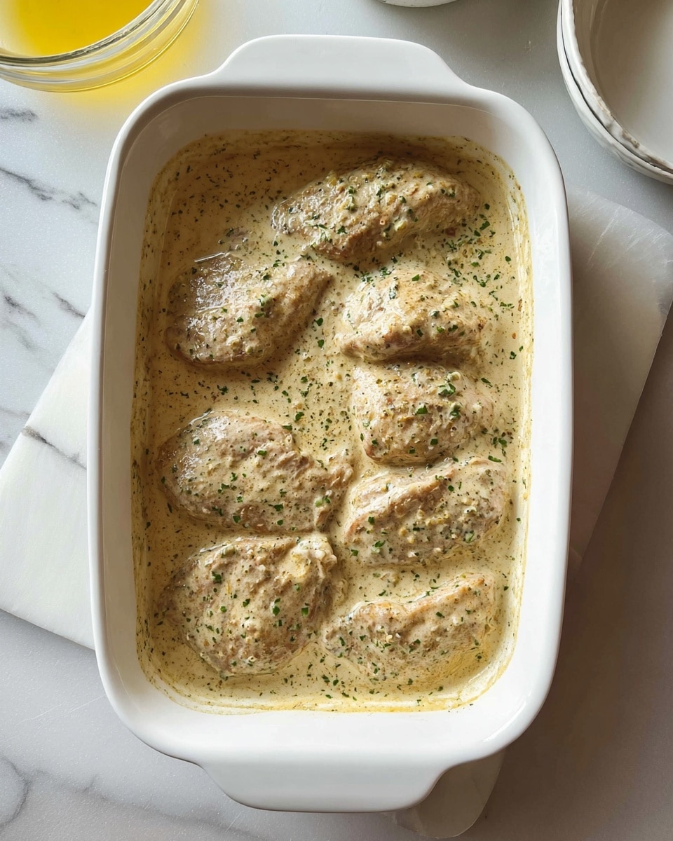 A white rectangular dish with rounded edges is filled with six pieces of light brown meat covered in a creamy sauce mixed with small green herb flecks. The sauce has a smooth but slightly textured surface, showing brush marks from spreading. The dish sits on a white marbled surface with part of a clear bowl containing a yellow liquid and a white container visible nearby. Photo taken with an iphone --ar 4:5 --v 7