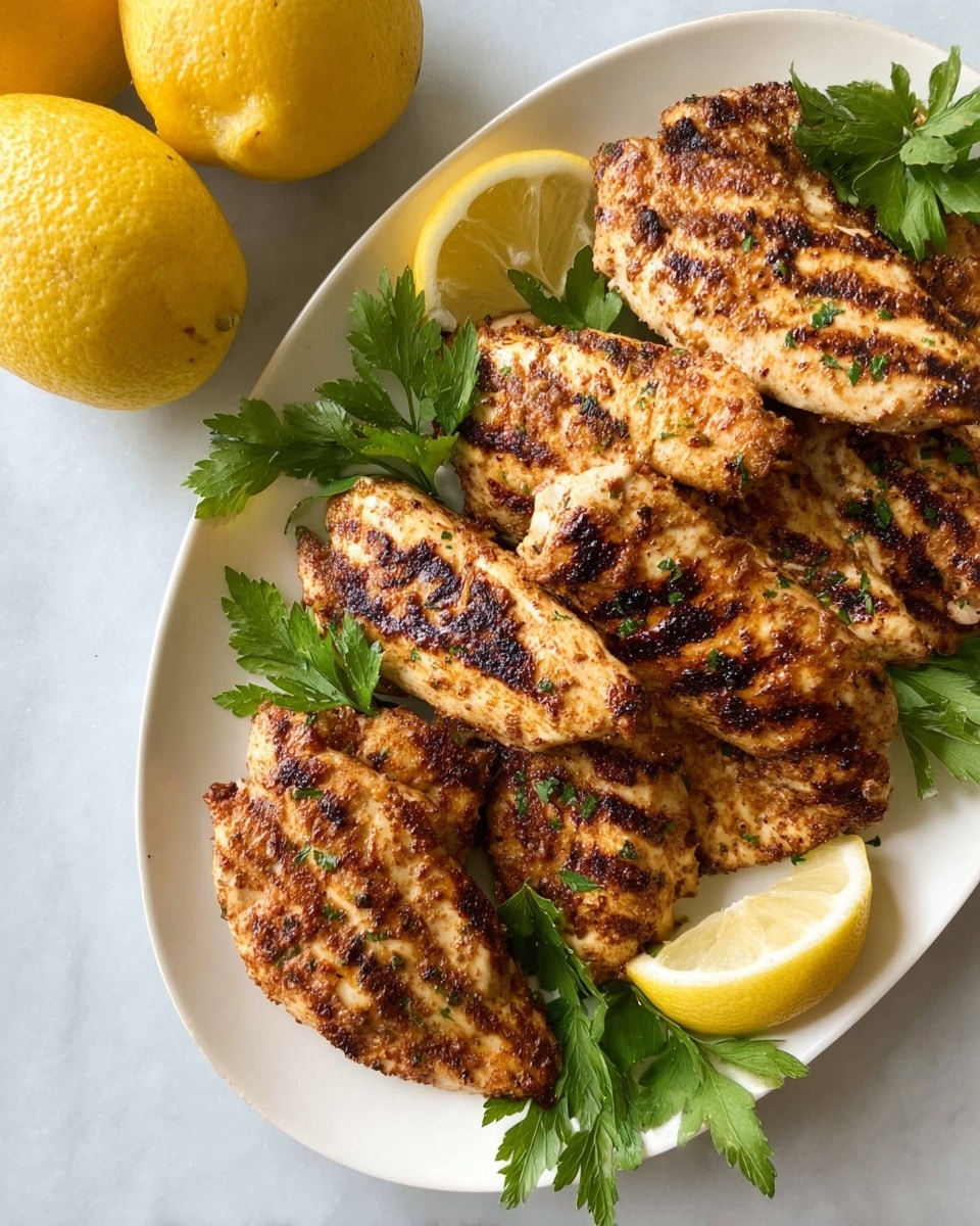 A white plate holds six grilled chicken pieces with a golden-brown color and visible char marks layered closely together. Small green parsley leaves are placed around and between the chicken pieces. Lemon wedges with bright yellow skin and pale inner flesh are tucked among the chicken and parsley on the plate. In the background, on a white marbled surface, there are two whole lemons with bright yellow textured skin. Photo taken with an iphone --ar 4:5 --v 7
