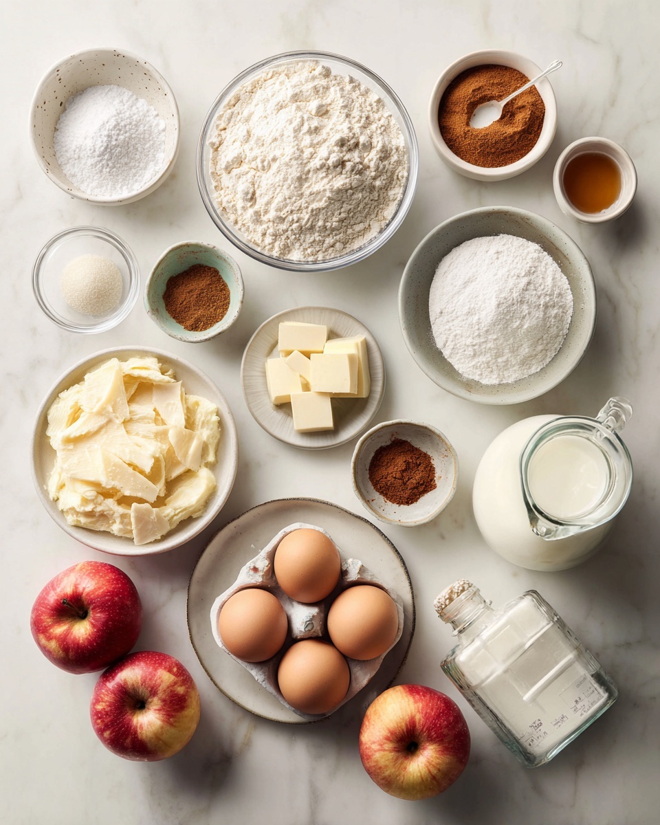 Top-down professional food photography, flat lay style, bright white marble countertop, neatly arranged, evenly spaced, tidy, clean organized layout, include: bowl of all-purpose flour, small bowl of baking powder, small bowl of baking soda, small bowl of granulated sugar, small bowl of brown sugar, small bowl of cinnamon, small plate with salted butter, small plate with eggs, glass measuring cup of whole milk, bottle of vanilla essence, bowl of peeled and sliced red apples, bright soft natural lighting, sharp focus, high detail textures, realistic reflections, professional DSLR look, 4K, no finished dish, no cooked food, no hands, no text, no watermark, no brand logos --ar 4:5 --v 7