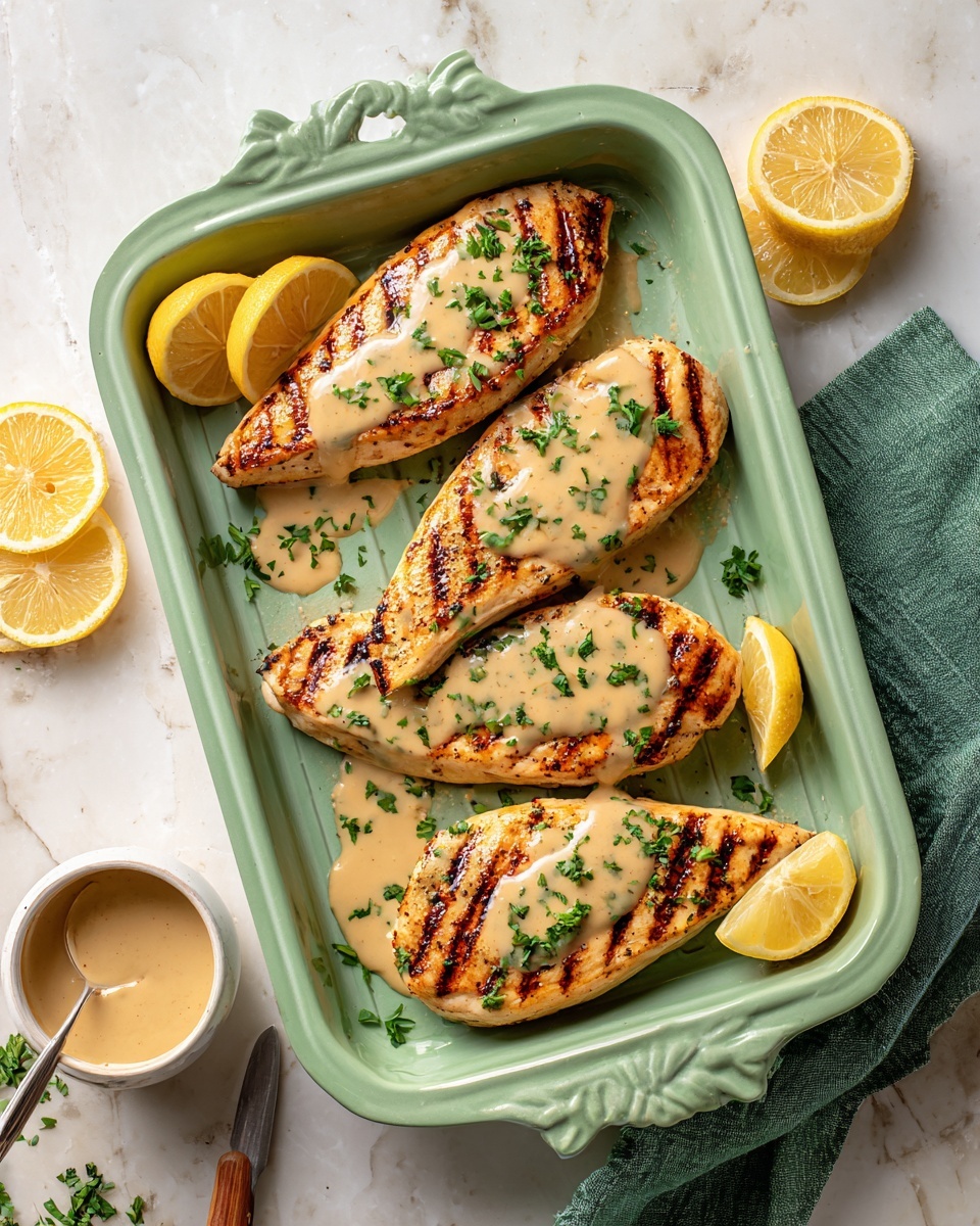 Four grilled golden-brown fillets lay side by side on a pale green tray with handles, each topped with a light beige sauce drizzled unevenly and sprinkled with fresh green herbs. Two lemon wedges rest at the top left corner of the tray while another two lemon wedges are placed at the bottom right corner. The tray is set on a white marbled surface, with part of a woman's hand holding a utensil visible near the bottom left, next to a small white bowl filled with more light beige sauce; a folded green cloth is at the tray's right side. photo taken with an iphone --ar 4:5 --v 7