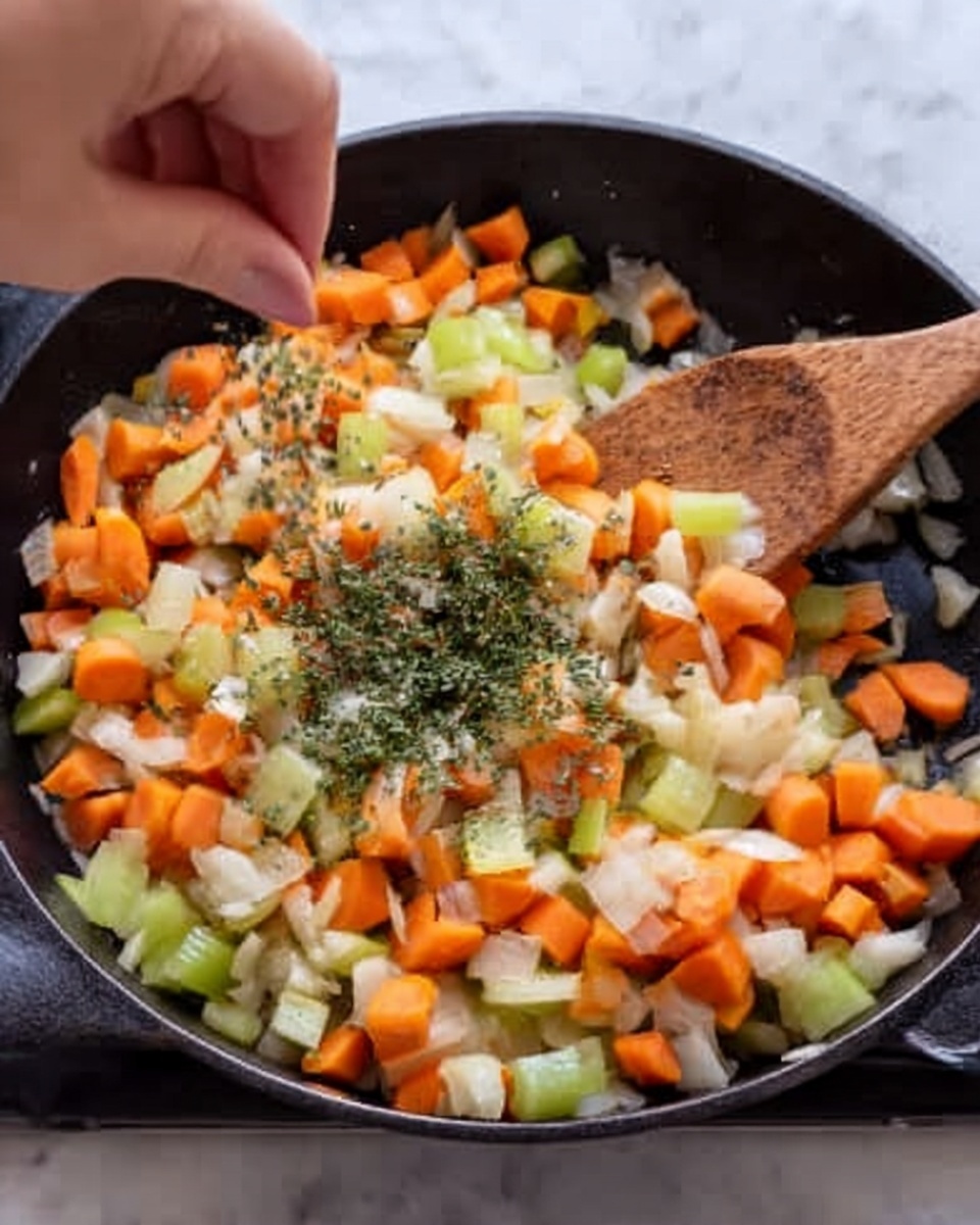 A black skillet filled with chopped vegetables, including orange carrot slices, light green celery pieces, and white onion chunks. The vegetables are spread evenly inside the skillet, showing a mix of colors and fresh textures. A woman’s hand is sprinkling small green herbs over the vegetables from above, while a wooden spoon rests on the right side inside the skillet. The whole scene is set on a white marbled surface. Photo taken with an iphone --ar 4:5 --v 7