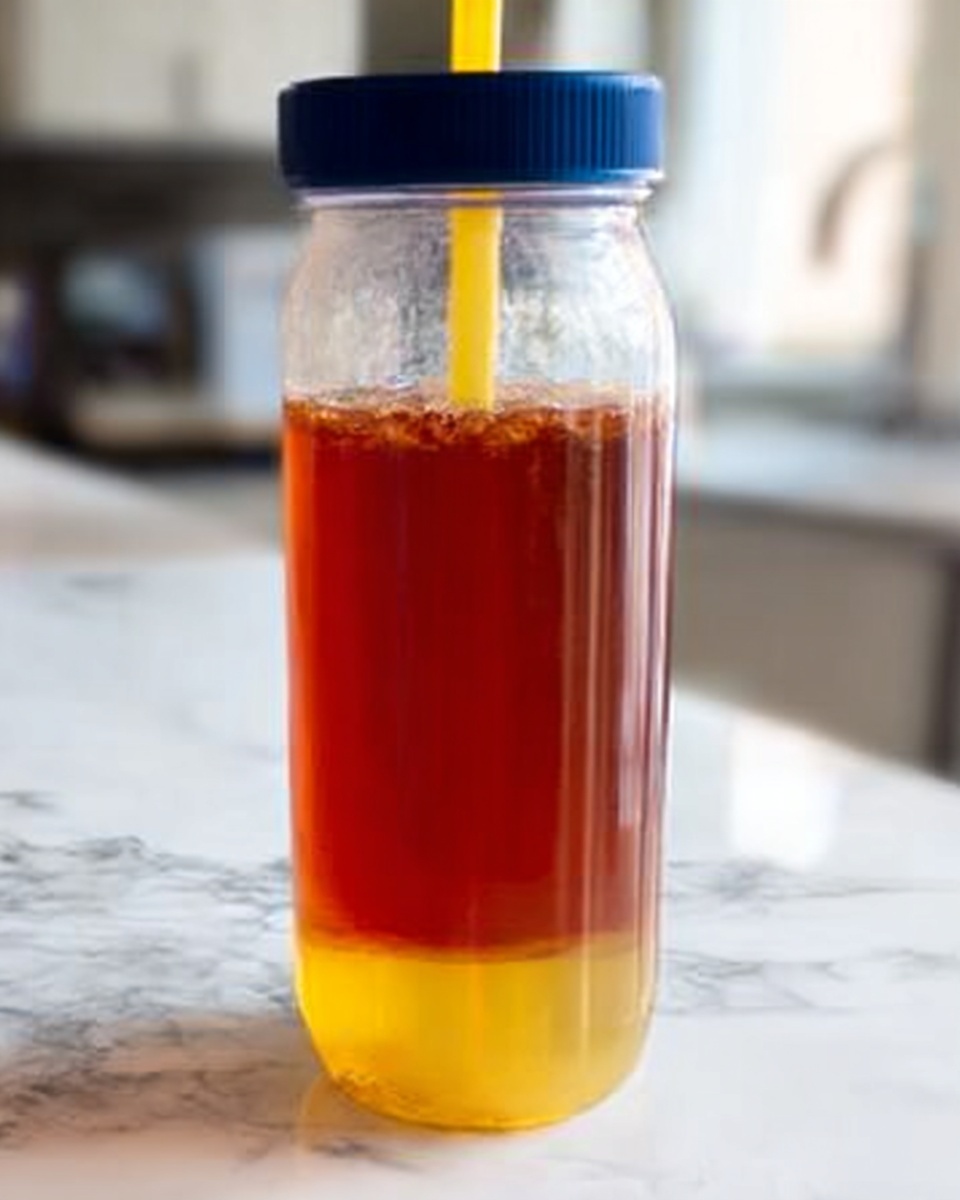 The image shows a clear plastic bottle filled with two layers of liquid. The bottom layer is a small amount of bright yellow liquid at the base, while the top layer is a much larger amount of reddish-brown liquid filling most of the bottle. The bottle has a dark blue lid and a yellow straw coming out of the top. It is placed on a white marbled surface with a blurred kitchen background. Photo taken with an iphone --ar 4:5 --v 7