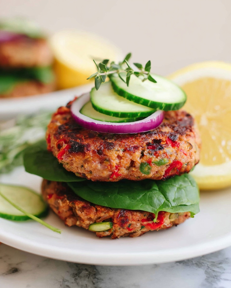 The image shows a white plate with two stacked patties that have a rough texture with visible red and green bits, showing they are mixed with vegetables. On top of each patty are two bright green spinach leaves, followed by thin purple rings of onion, and three thin slices of light green cucumber with dark green edges. A small cross of fresh green thyme sits over the top patty. In the background, there is a small wedge of lemon with a white marbled surface below. The photo taken with an iphone --ar 4:5 --v 7