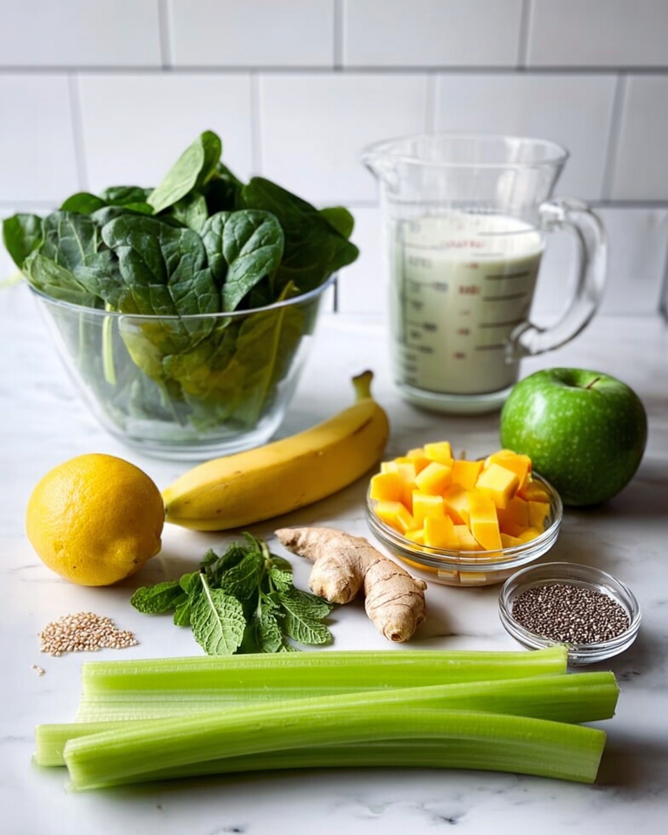 A white marbled surface holds a clear glass bowl filled with fresh green spinach leaves on the left side. In front of the bowl are a whole yellow lemon and a peeled banana placed next to each other. Two long stalks of bright green celery lie lengthwise in the center. To the right, a small clear glass bowl contains diced orange mango pieces. Nearby sit a small chunk of fresh ginger root and a whole green apple. Fresh mint leaves are scattered near the apple. A clear glass bowl with brown chia seeds rests at the front right. The far right side shows half a dark green cucumber with a textured skin. At the back corner, a glass Pyrex measuring cup filled with creamy white milk is placed. The background features a white tiled wall. Photo taken with an iphone --ar 4:5 --v 7