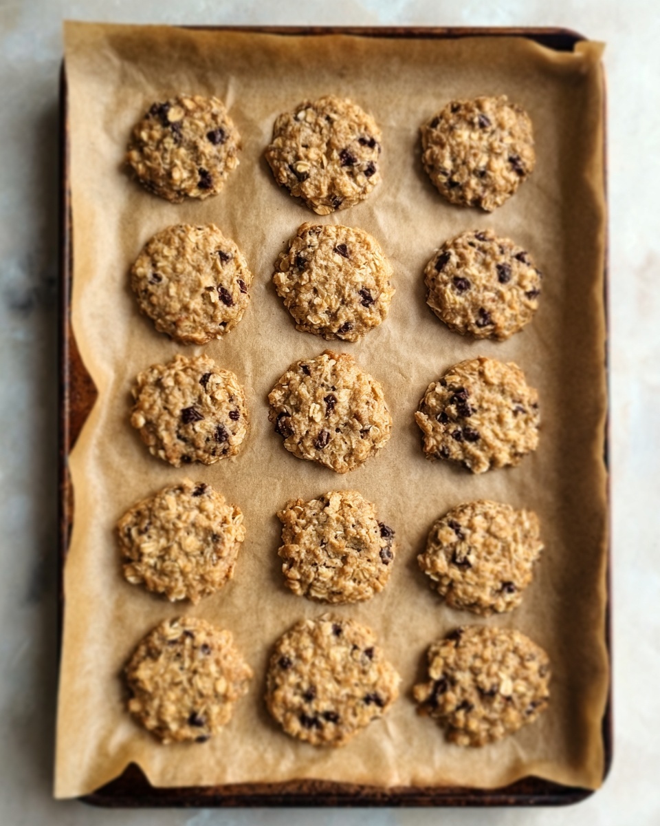 The image shows a baking tray lined with light brown paper, filled with 14 round oatmeal cookies spread in even rows. Each cookie is light golden brown with visible oats and scattered dark chocolate chips, giving them a rough texture. The cookies are spaced slightly apart, and the tray sits on a white marbled surface. Photo taken with an iphone --ar 4:5 --v 7