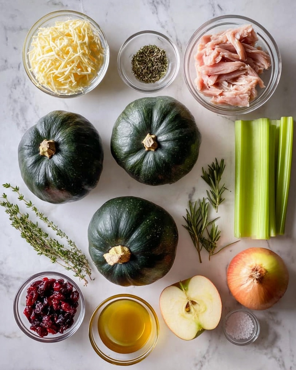 The image shows several ingredients neatly arranged on a white marbled surface. There are three dark green acorn squashes with smooth, ribbed textures, placed near the center. Surrounding them are small clear glass bowls: one with shredded pale yellow cheese, one with raw light pink turkey strips, one holding dried red cranberries, and two others with clear liquids, one golden and one pale yellow. Next to the bowls are a whole yellow onion with its dry skin intact, a partially shiny red and yellow apple, bright green celery sticks, a few sprigs of fresh herbs including rosemary and thyme, two whole garlic cloves, and a small glass bowl with salt and pepper. The arrangement is simple and clean, with a soft natural light coming from above. photo taken with an iphone --ar 4:5 --v 7