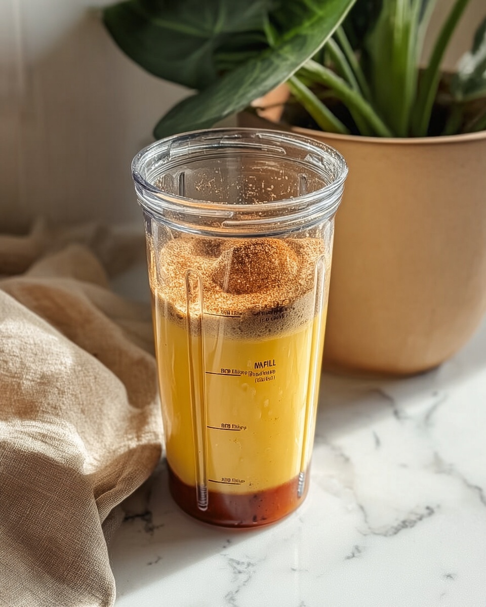 A clear plastic blender cup filled with layers of liquid and spices: the bottom layer is a dark reddish-brown syrup, the middle layer is a bright yellow-orange juice, and the top layer has brownish spice powder spread over the juice. The cup has measurement lines and a