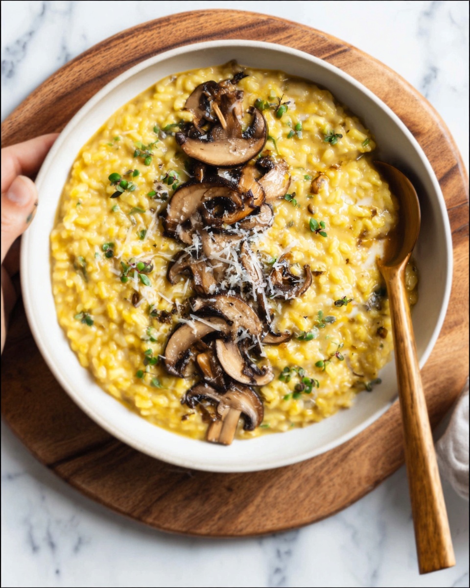 A white bowl filled with a creamy yellow risotto mixed with small green herbs, topped with several browned mushroom slices arranged in a line down the middle of the dish. There is a sprinkle of grated cheese or finely grated garnish on top of the mushrooms. A woman's hand holds a wooden spoon resting inside the bowl on the right side. The bowl sits on a round wooden serving board, all placed on a white marbled surface. photo taken with an iphone --ar 4:5 --v 7