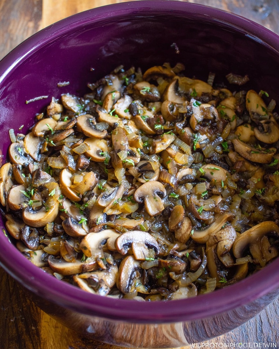 A close-up of a deep purple pot filled with cooked sliced mushrooms mixed with small pieces of onions and herbs, creating a light brown and green textured mix with a slight shine from the cooked juices. The pot sits on a wooden surface. photo taken with an iphone --ar 4:5 --v 7