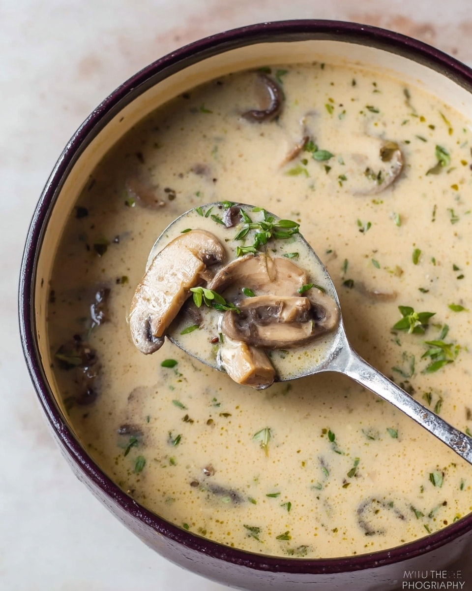 A close-up of a creamy mushroom soup in a white bowl with a dark rim, filled with a light beige broth. The soup has visible small green herb pieces sprinkled throughout and sliced mushrooms floating on top. In the middle, a metal spoon holds a scoop of the soup showing thick slices of light brown mushrooms with some fresh green herbs. The bowl is placed on a white marbled textured surface. Photo taken with an iphone --ar 4:5 --v 7