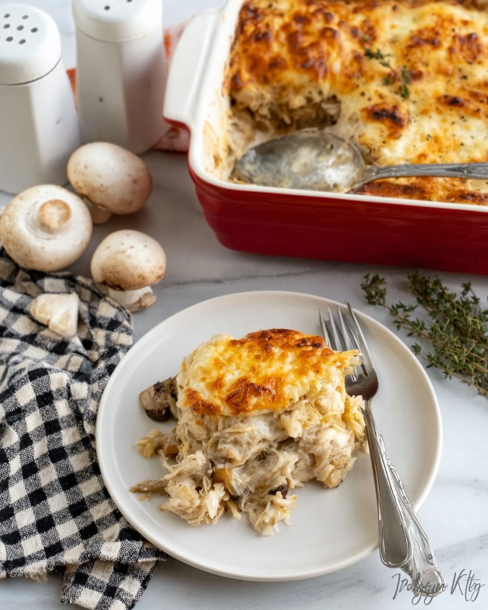 A white plate sits on a white marbled surface, holding a serving of a layered baked dish. The dish has three visible layers: a light golden crispy top covered with melted cheese, beneath it a creamy white layer mixed with shredded pieces, and a bottom layer slightly darker with a soft texture. Next to the plate is a black and white checkered napkin with a fork and knife placed on top, and nearby three whole white mushrooms and a sprig of green herbs lie on the surface. At the top of the image is a white marbled surface holding a red baking dish filled with the same cheesy layered dish, with a spoon resting beside it. Two white salt and pepper shakers are near the napkin. Photo taken with an iphone --ar 4:5 --v 7