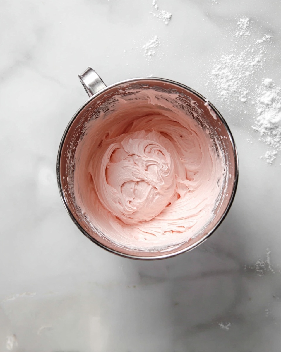 A metal mixing bowl sits on a white marbled surface, filled with one smooth, thick layer of light pink frosting swirled in the center, with some traces of frosting around the edges of the bowl, and a few spots of white powder scattered nearby. photo taken with an iphone --ar 4:5 --v 7