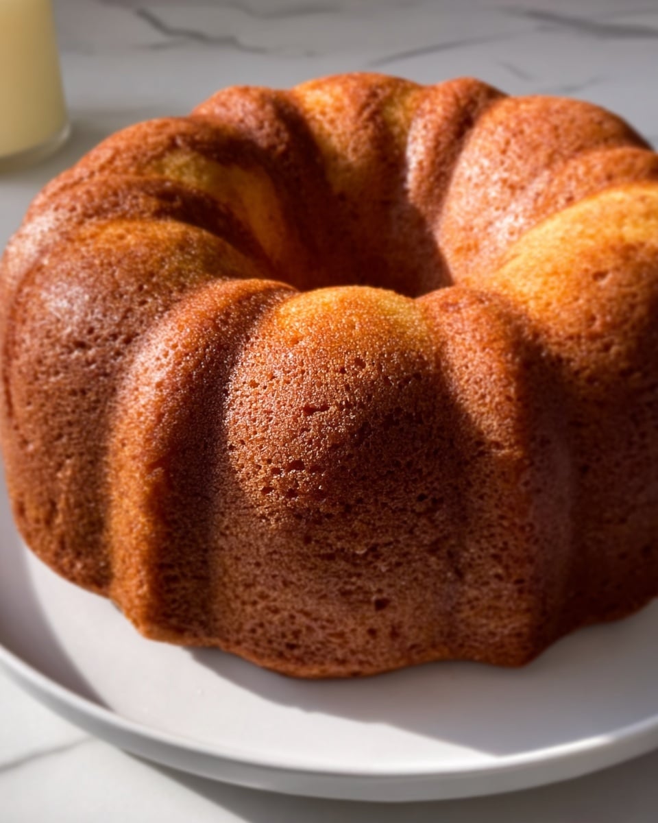The image shows a golden brown bundt cake with a smooth, slightly glossy surface and defined ridges from the bundt pan. The cake's outer crust has a uniform color with a few small darker spots, indicating a well-baked texture. It sits on a simple white plate resting on a white marbled surface. Sunlight softly highlights the top left side of the cake, creating subtle shadows that enhance its round shape photo taken with an iphone --ar 4:5 --v 7