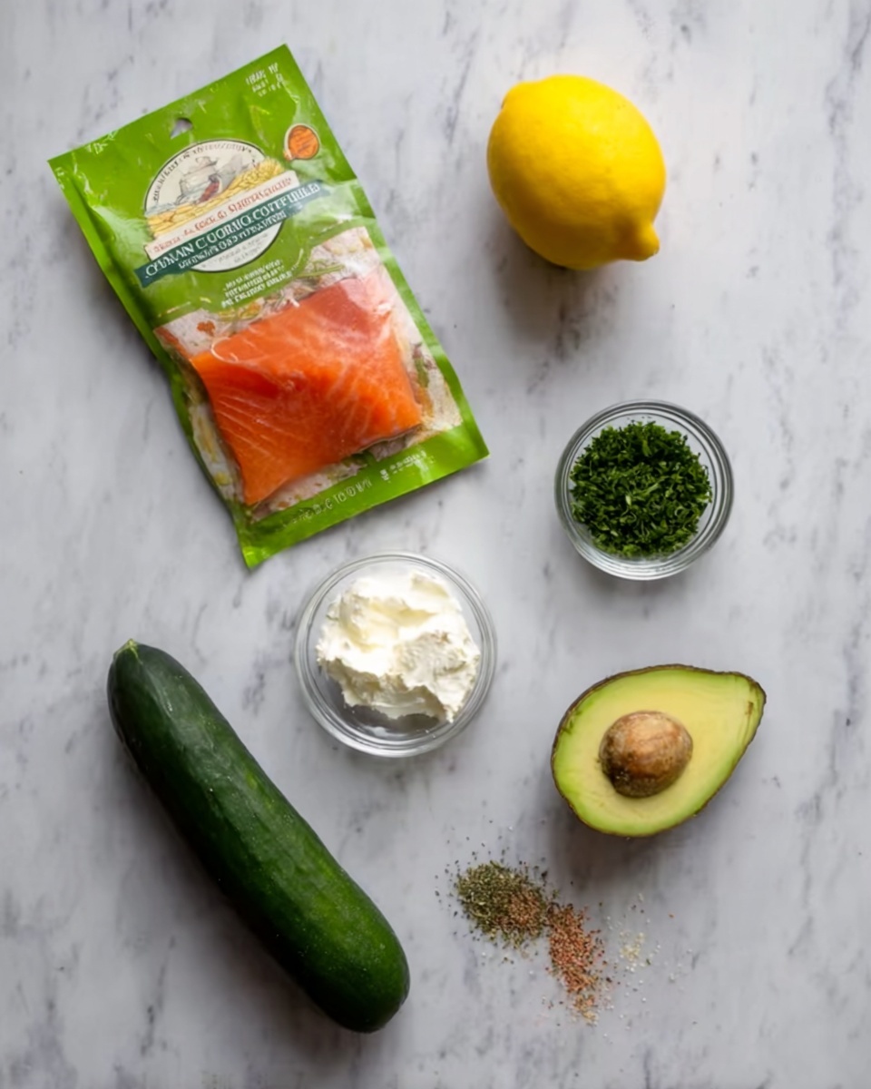 The image shows six ingredients laid out on a white marbled surface. In the top left, there is a green packet of smoked salmon with an orange salmon piece visible through a clear window. To the right of the packet, there is a whole yellow lemon. Below the lemon, a small clear bowl holds finely chopped green herbs. Next to it, another small clear bowl contains white cream cheese. On the left side near the bottom, a whole dark green cucumber is positioned diagonally. Below the cucumber, there is a halved avocado with the seed removed, showing its smooth green flesh. Near the bottom right, a small pile of mixed seasonings is scattered on the surface. photo taken with an iphone --ar 4:5 --v 7