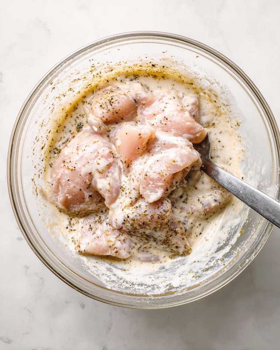 A clear glass bowl holds several pieces of light pink raw chicken soaked in a creamy, thick white sauce that has black specks of pepper and herbs scattered throughout. A silver spatula is tucked into the mixture on the right side of the bowl. The bowl sits on a smooth white marbled surface with subtle grey veins. The overall colors are pale pink, white, and black specks, with a shiny glass texture on the bowl and a matte look on the sauce and chicken. photo taken with an iphone --ar 4:5 --v 7