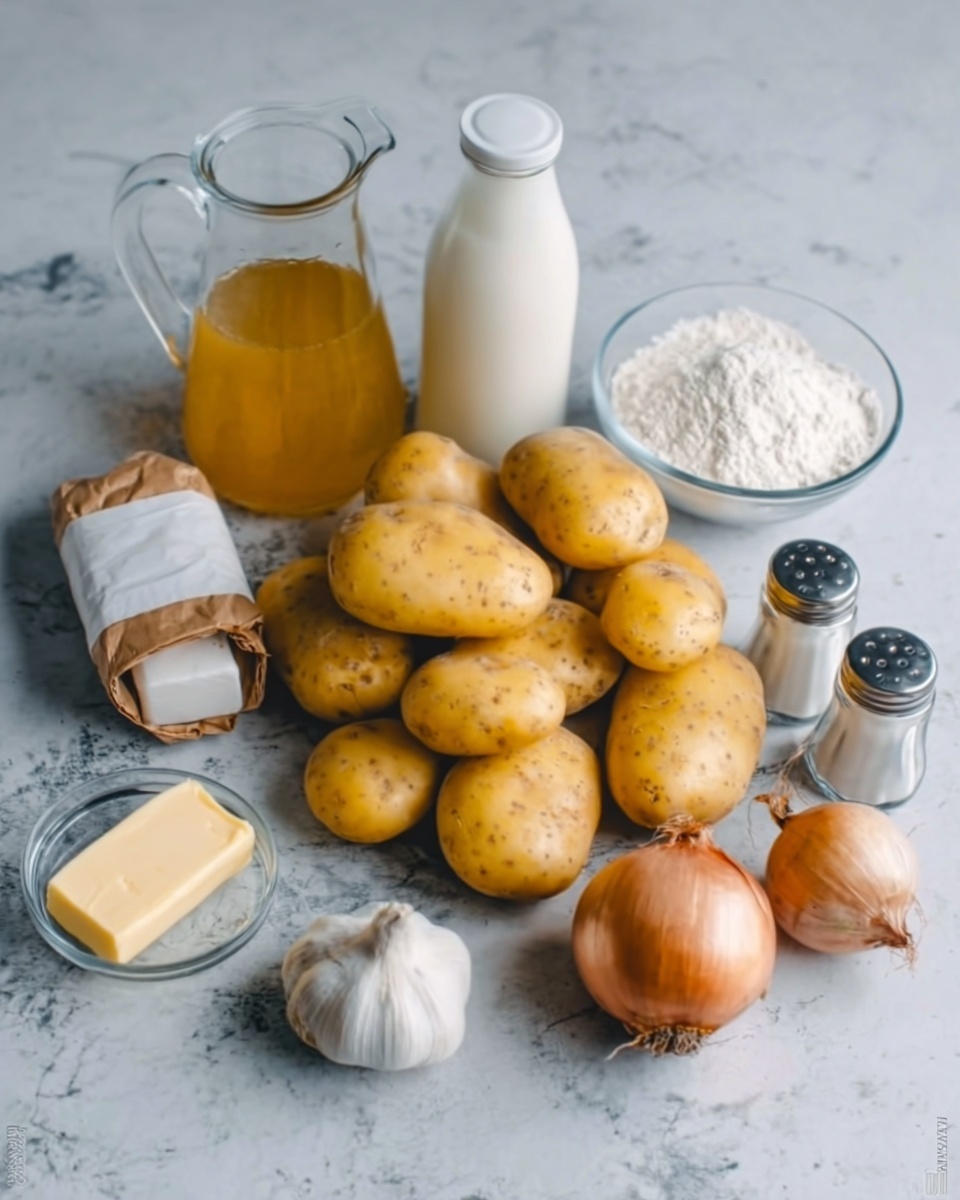 The image shows several raw yellow potatoes grouped in the center on a white marbled surface. To the left, there is a clear glass jug filled with golden liquid, a stick of butter wrapped in paper, and a bottle of milk with a white cap. Below these, smaller clear containers hold white flour and a pair of salt and pepper shakers. Towards the bottom center, there is a whole round garlic bulb with papery skin and next to it, a whole yellow onion with brown skin. The background is a white marbled texture, keeping the colors neutral and soft. photo taken with an iphone --ar 4:5 --v 7