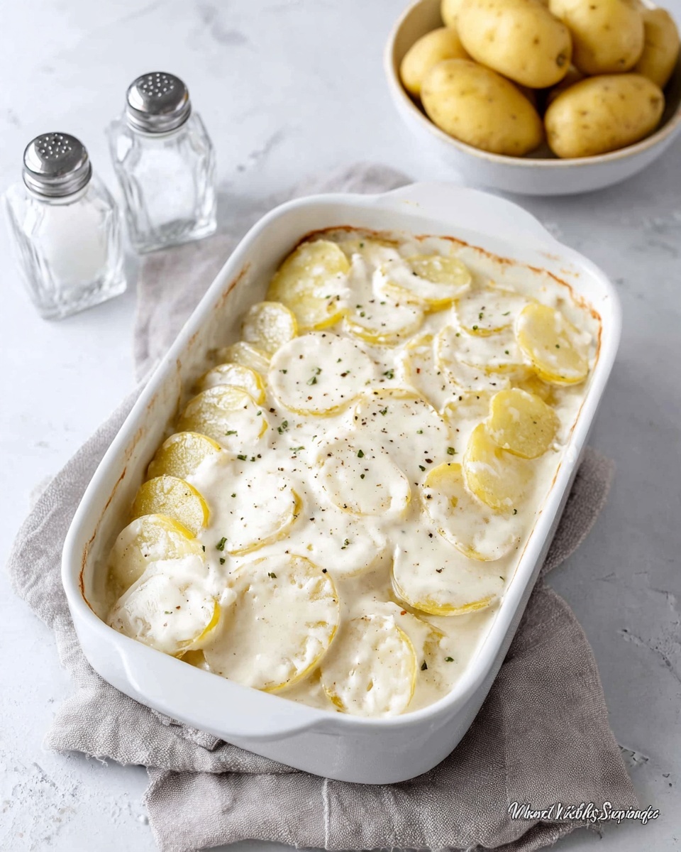 The image shows a white rectangular ceramic dish filled with layered thin round slices of pale yellow potatoes. The potatoes are covered with a thick, creamy white sauce that spreads over the top, hiding some potato edges but still showing their texture beneath. Black pepper specks are lightly scattered on the sauce's surface. Around the dish, there is a white bowl with whole yellow potatoes on a light gray cloth, and two clear glass salt and pepper shakers are placed nearby on a white marbled textured surface. Photo taken with an iphone --ar 4:5 --v 7