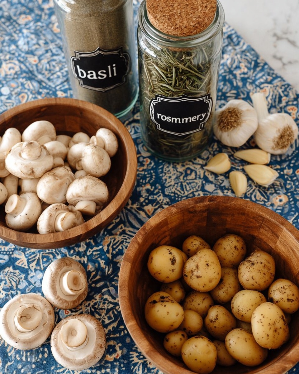 Two wooden bowls sit on a white marbled surface covered by a blue and white patterned cloth. The bowl on the left is filled with whole white mushrooms, showing smooth caps and short stems. The bowl on the right holds small, round, light brown potatoes with some dark spots. Near the bowls, there are two glass jars of dried herbs; one upright labeled