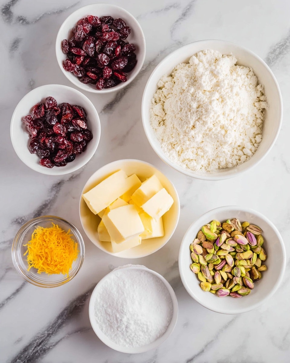 The image shows six white bowls placed on a white marbled surface. The top left bowl contains dried red cranberries, looking wrinkled and shiny. To the right is a large bowl filled with an off-white flour mixture that has a crumbly texture. Below the flour, there is a bowl filled with green and purple pistachios. In the middle, a bowl holds large yellow cubes of butter. On the left side of the image’s center, there is a small glass bowl with bright orange zest. Below it is a tiny glass bowl with a white powder, likely baking soda or salt. The bottom bowl holds a fine, white powdered sugar. All bowls are evenly spaced and neatly arranged, with the colors contrasting crisply against the marbled white background. Photo taken with an iphone --ar 4:5 --v 7
