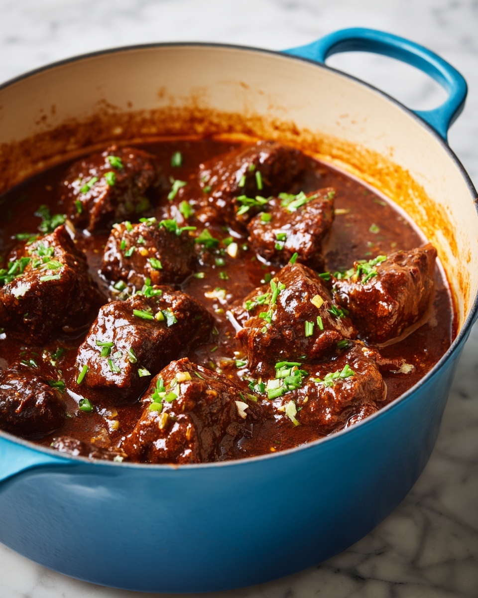 The image shows a blue pot filled with a rich brown stew. The stew has several pieces of cooked meat, each coated in a glossy, thick brown sauce. Small green herb pieces are sprinkled evenly on top, adding a fresh contrast to the warm brown tones. The pot sits on a white marbled surface, and the pot's light interior rim is also visible, showing some sauce splashes. photo taken with an iphone --ar 4:5 --v 7
