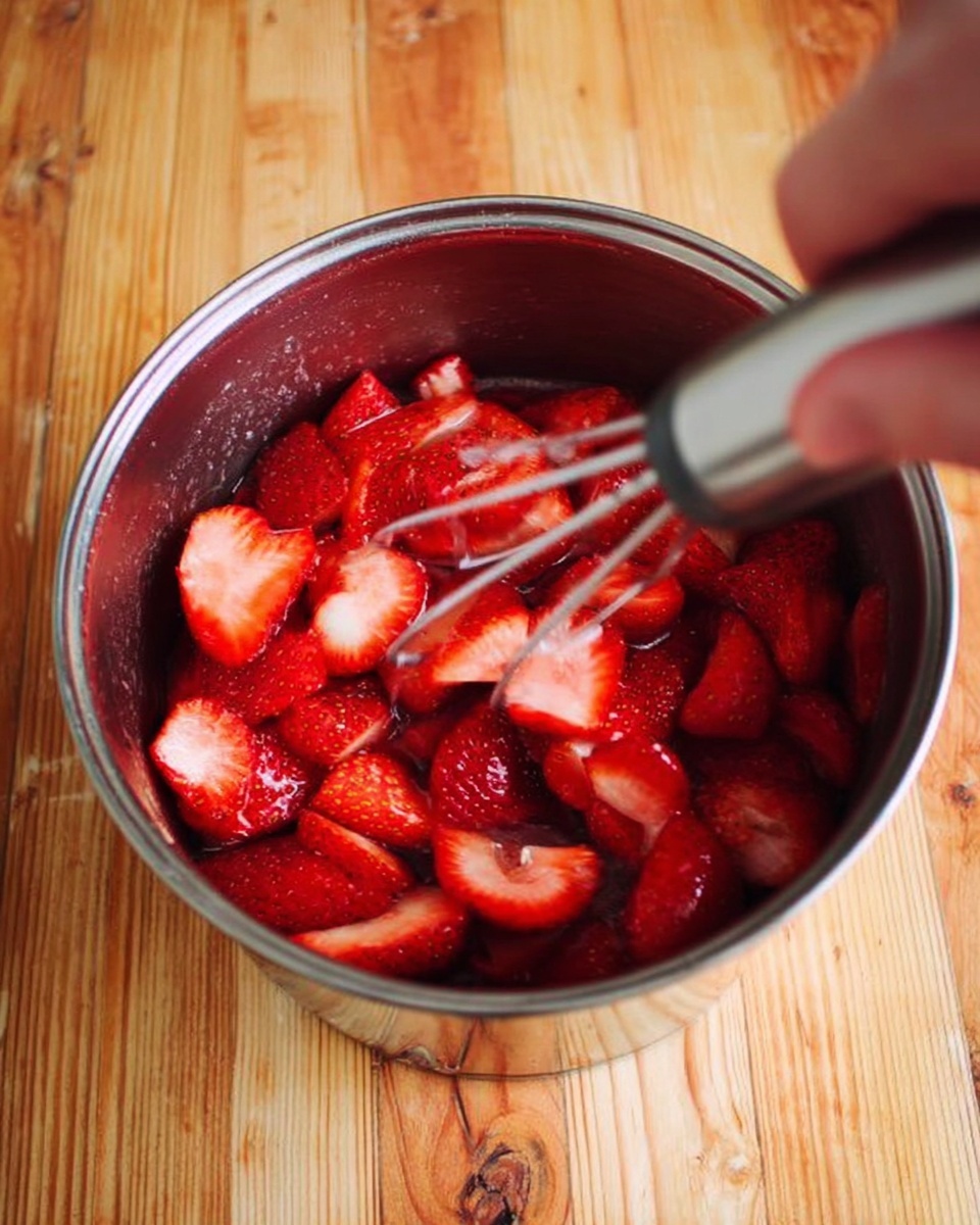 A metal pot filled with many sliced red strawberries inside, being mashed by a hand using a kitchen masher. The hand is slightly blurred in motion, while the strawberries have a fresh, juicy texture with some white seeds visible. The pot sits on a wooden surface. photo taken with an iphone --ar 4:5 --v 7