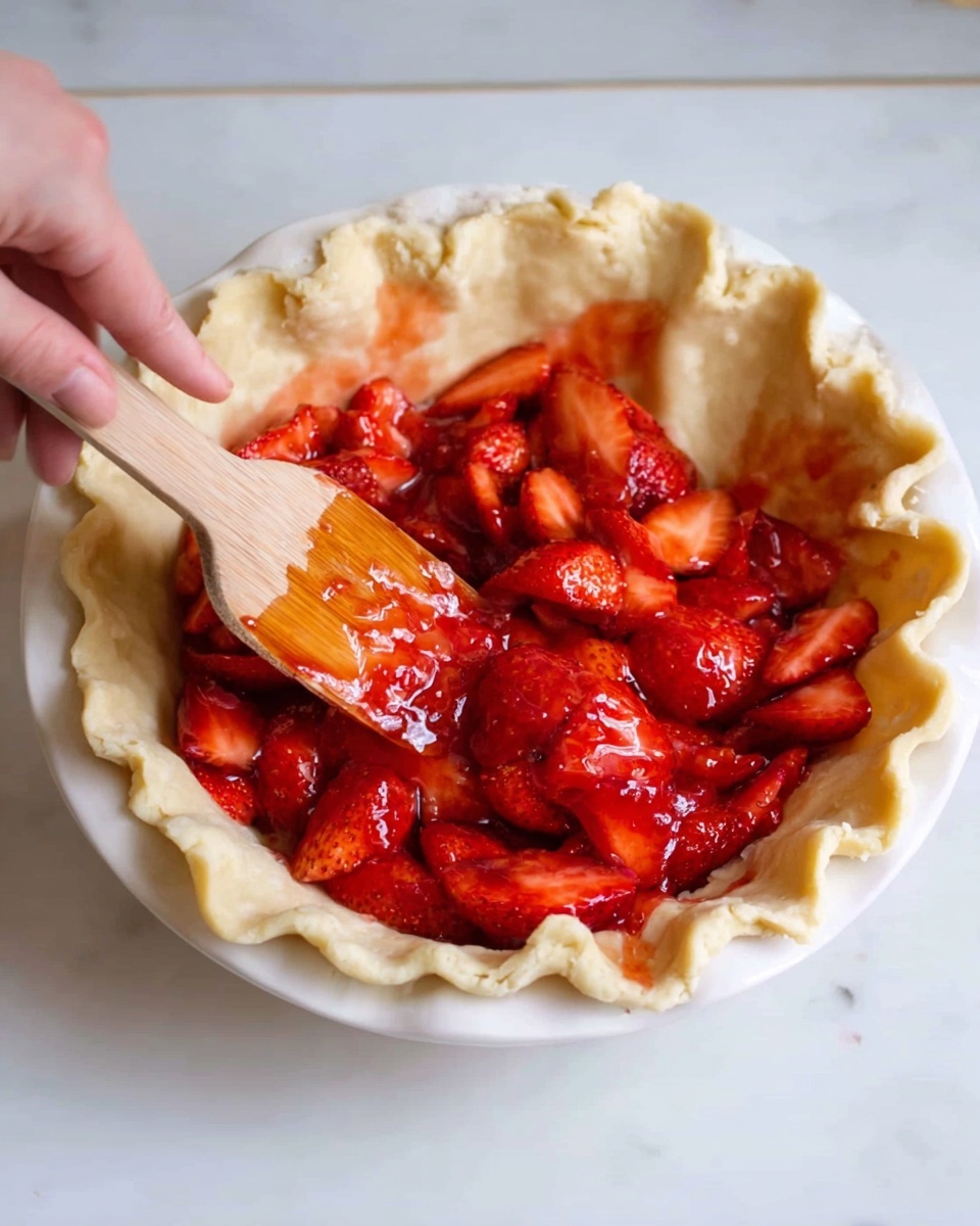 A white plate holds a pie crust with a golden-brown edge that is thick and slightly crimped. Inside the crust, a bright red strawberry filling is being spooned from a clear glass bowl by a woman's hand holding a wooden spatula. The strawberry pieces are juicy and varied in size, with some glossy syrup coating them. The background is a white marbled surface. Photo taken with an iphone --ar 4:5 --v 7