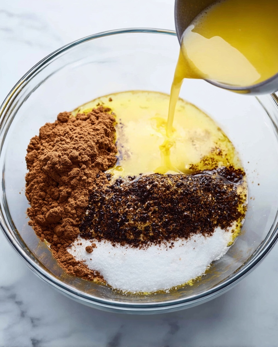 A clear glass bowl sits on a white marbled surface, containing distinct layers of dry and wet ingredients. On the left, there is a heap of brown cocoa powder, next to it a stream of yellow liquid is being poured from a metallic container. On the right side of the bowl, a large mound of white granulated sugar is visible, with a line of dark brown vanilla or coffee powder separating the two main dry ingredients. The bowl is seen from above, with the ingredients clearly separated before mixing photo taken with an iphone --ar 4:5 --v 7