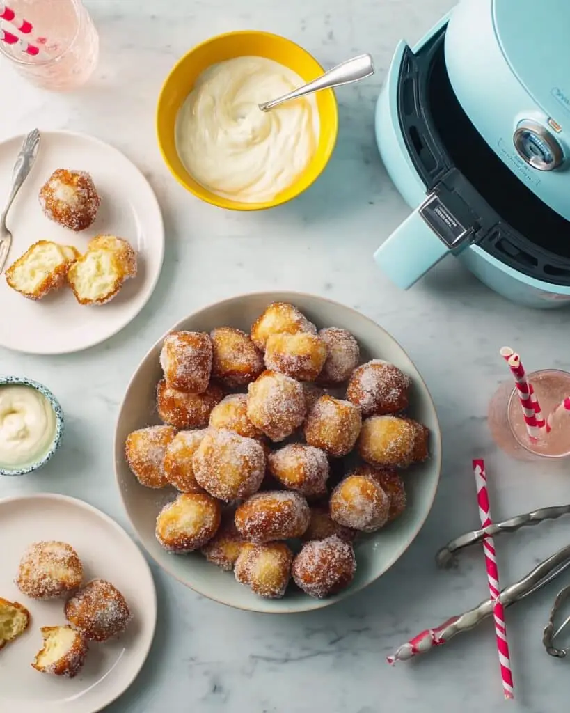 Air Fryer Cinnamon Roll Bites with Cinnamon-Sugar Shake and Dipping Icing Recipe