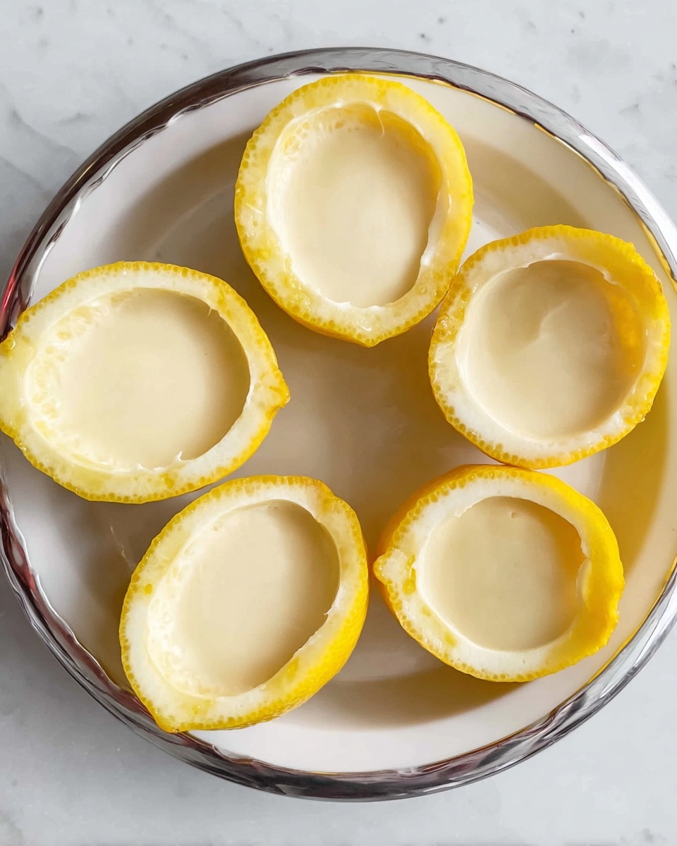 Six yellow lemon halves are hollowed out and filled with a smooth, pale cream. They are arranged in a circle on a white plate with a silver rim. The plate sits on a white marbled surface. The edges of the lemon rinds are slightly rough, and the creamy filling is evenly spread inside each lemon half. The overall look is fresh and simple, showing the clear contrast between the bright yellow lemon skin and the soft cream inside. Photo taken with an iphone --ar 4:5 --v 7