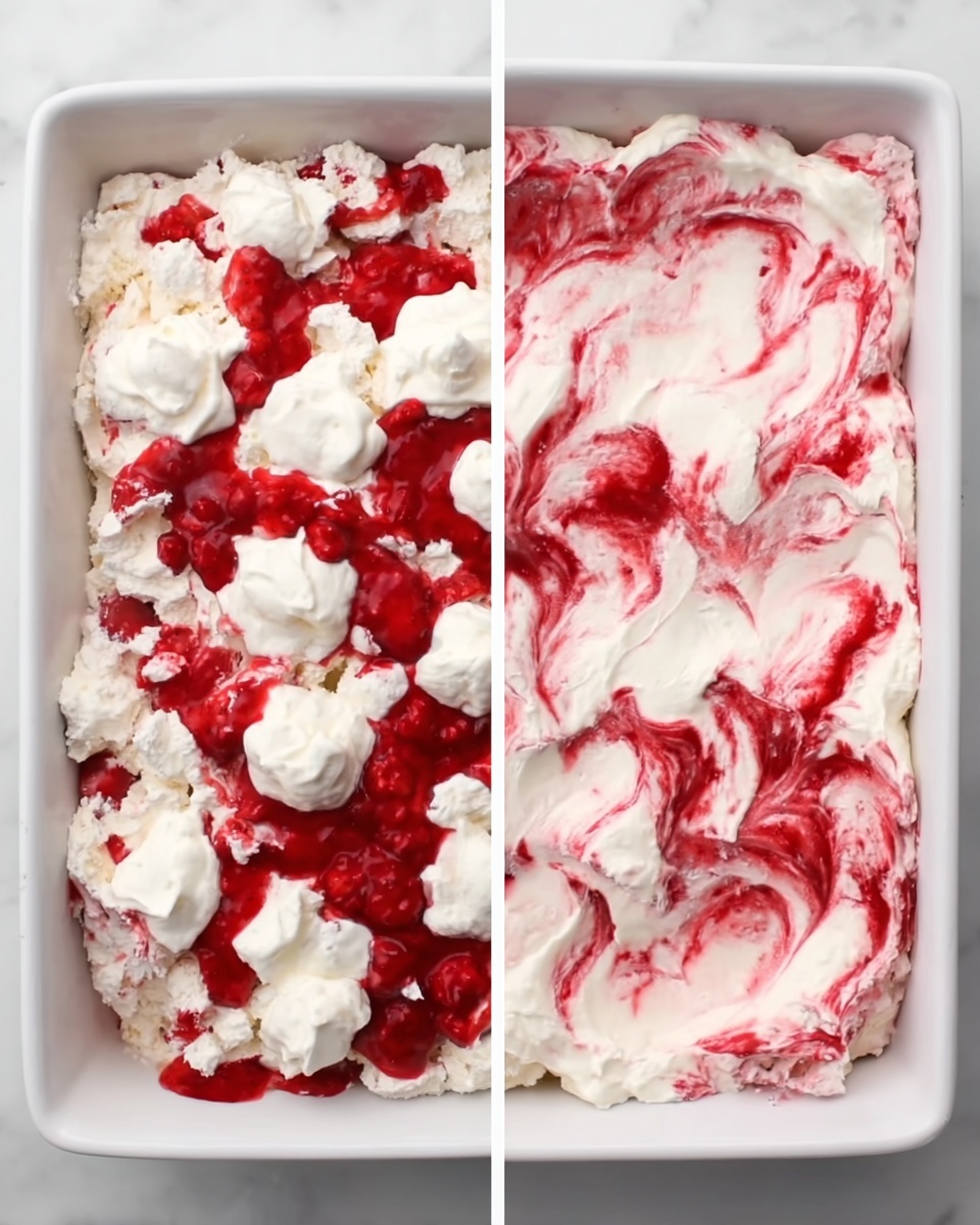 The image shows a white rectangular dish with two side-by-side views of a layered dessert. The left side has a base layer of soft, crumbled white pieces, topped unevenly with bright red strawberry sauce and scattered dollops of smooth white cream. The right side displays the same base, but now completely covered by a mixture of white cream swirled with red strawberry sauce, creating a marbled effect with a soft, fluffy texture. The dish is on a white marbled surface. Photo taken with an iphone --ar 4:5 --v 7