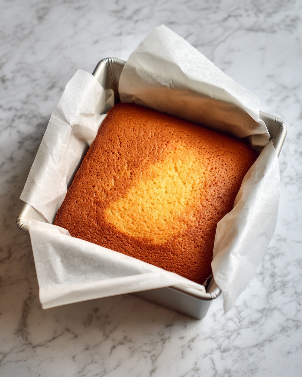 A square, single-layer golden brown sponge cake with a slightly rough and airy texture on top, still inside a white parchment-lined metal baking pan, resting on a white marbled surface. The edges of the parchment paper are folded and rise slightly above the cake. Photo taken with an iphone --ar 4:5 --v 7