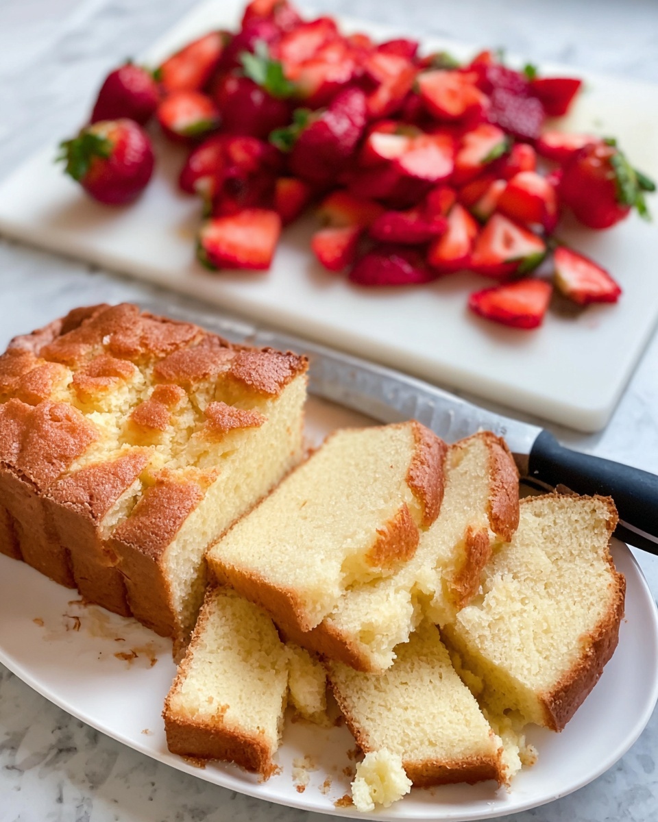 A white plate holds a sliced loaf of light brown pound cake with a slightly cracked golden crust and soft, pale yellow inside, cut into thick rectangular pieces with some crumbs around. Behind the plate, a white cutting board has many halved and quartered fresh strawberries, showing bright red color and green leafy tops scattered around. The surface is a white marbled texture. A knife with a black handle is partially visible next to the cake. photo taken with an iphone --ar 4:5 --v 7