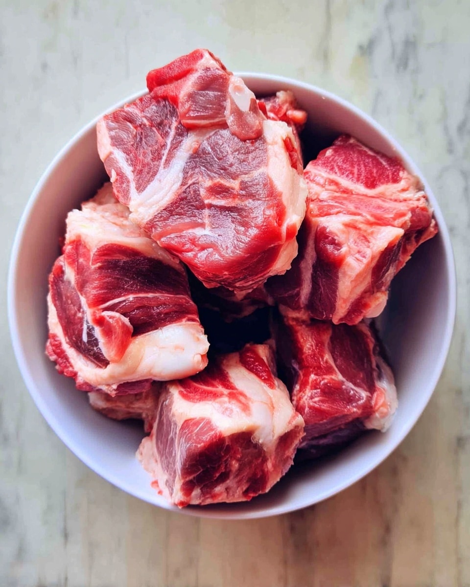 A white bowl filled with several pieces of raw lamb meat, each piece showing a mix of pink-red flesh and white fat. The meat pieces have a slightly wet and fresh texture, with some pieces showing bone. The bowl sits on a white marbled surface. Photo taken with an iphone --ar 4:5 --v 7