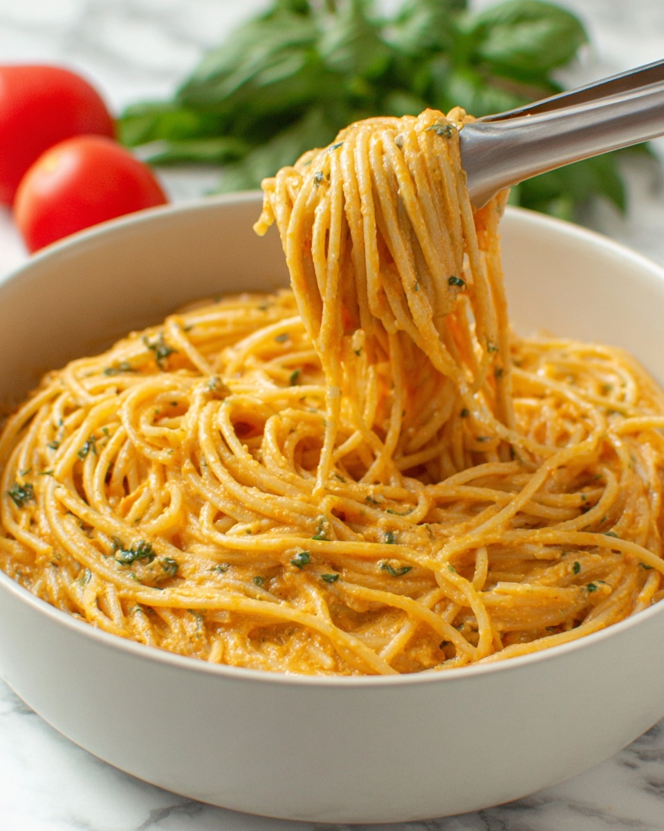 A close-up view of a white bowl filled with spaghetti pasta coated in a creamy orange sauce with visible tiny green herb specks. The pasta is lifted slightly above the bowl by silver tongs, showing long, neatly wrapped strands of spaghetti. In the background, there are out-of-focus fresh green leaves and two red tomatoes on a white marbled surface. Photo taken with an iphone --ar 4:5 --v 7