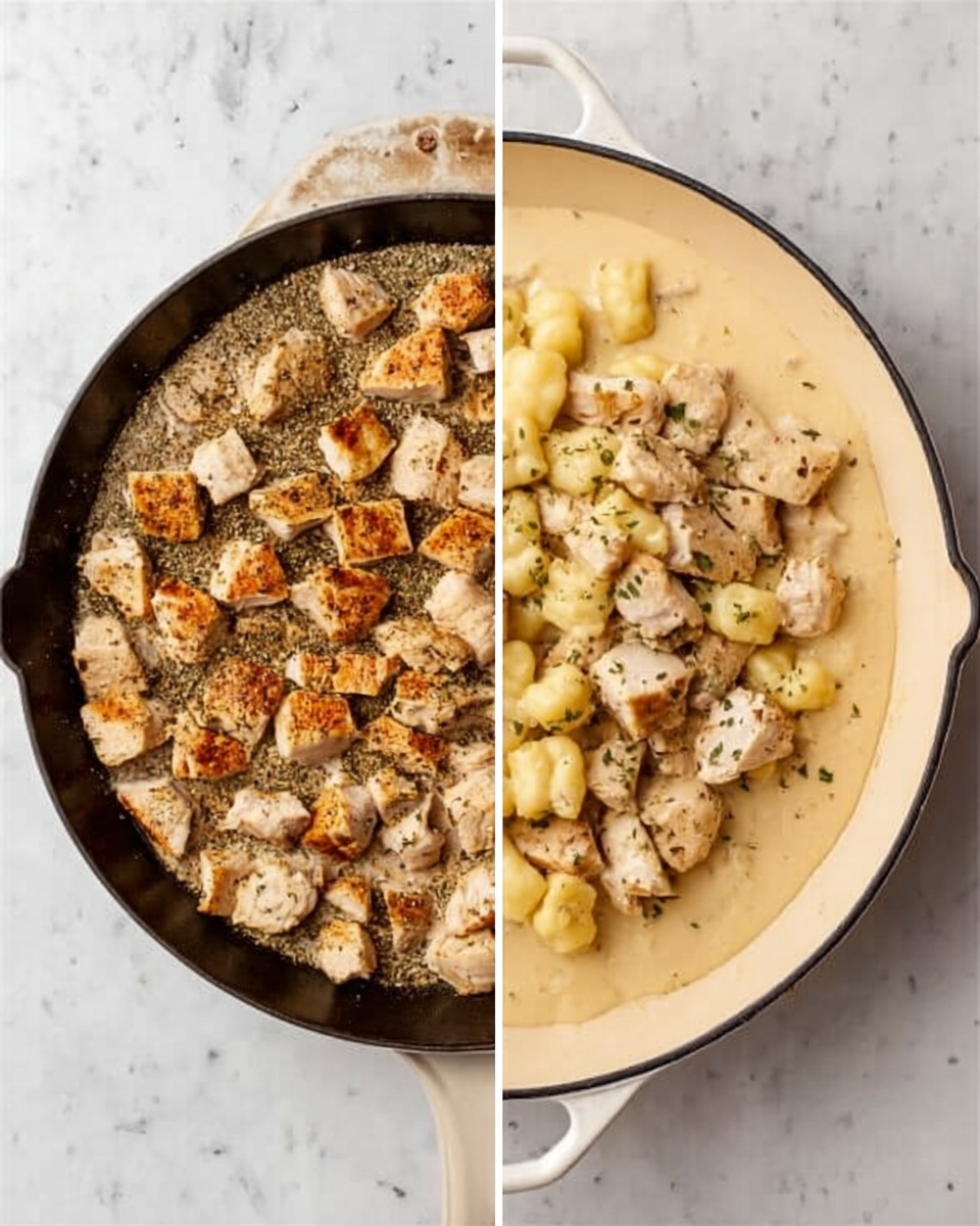 The image shows two parts: on the left, a white marbled surface with small pieces of cooked chicken seasoned with pepper and herbs, scattered evenly. On the right, a white cast iron skillet filled halfway with a creamy, light beige sauce. Inside the sauce, on the right side, there are pale yellow gnocchi, and on the left side, more pieces of the same seasoned cooked chicken partially mixed in. The sauce is smooth and thick, covering the bottom of the skillet. Photo taken with an iphone --ar 4:5 --v 7