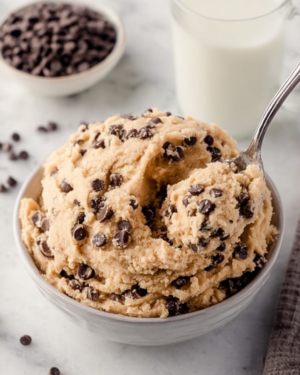 A close-up view of a white bowl filled with a large mound of light brown cookie dough mixed with many small dark chocolate chips evenly spread throughout. A silver spoon is scooping into the dough from the right side, showing the dough's soft and slightly crumbly texture. In the background, there is a clear glass of milk and a white bowl filled with extra dark chocolate chips, all set on a white marbled surface. The scene is bright and warm, highlighting the creamy texture and rich chocolate pieces in the dough. photo taken with an iphone --ar 4:5 --v 7