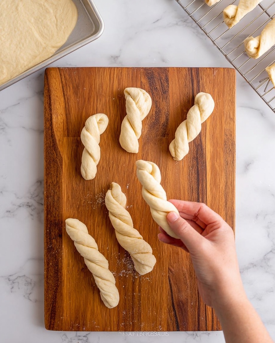 A woman's hand is holding a twisted piece of dough above a medium brown wooden cutting board. On the board, there are six more pieces of dough: four are irregularly shaped and smooth, and two others are also twisted like the one being held. The background surface is a white marbled texture, and a white baking tray with rolled dough is in the top left corner, while a metal cooling rack with two twisted dough pieces is in the top right corner. Photo taken with an iphone --ar 4:5 --v 7