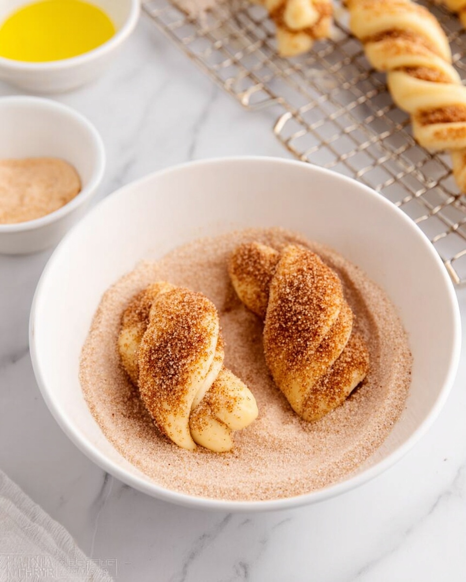 The image shows two twisted dough pieces coated in cinnamon sugar inside a white bowl filled with light brown cinnamon sugar mixture. Both dough pieces are golden brown with a soft, slightly shiny texture. One dough piece is fully covered in cinnamon sugar, while the other is partially coated. The bowl is set on a white marbled surface. In the background, there is a rack with more twisted dough pieces and a white bowl with yellow liquid, likely melted butter. Photo taken with an iphone --ar 4:5 --v 7