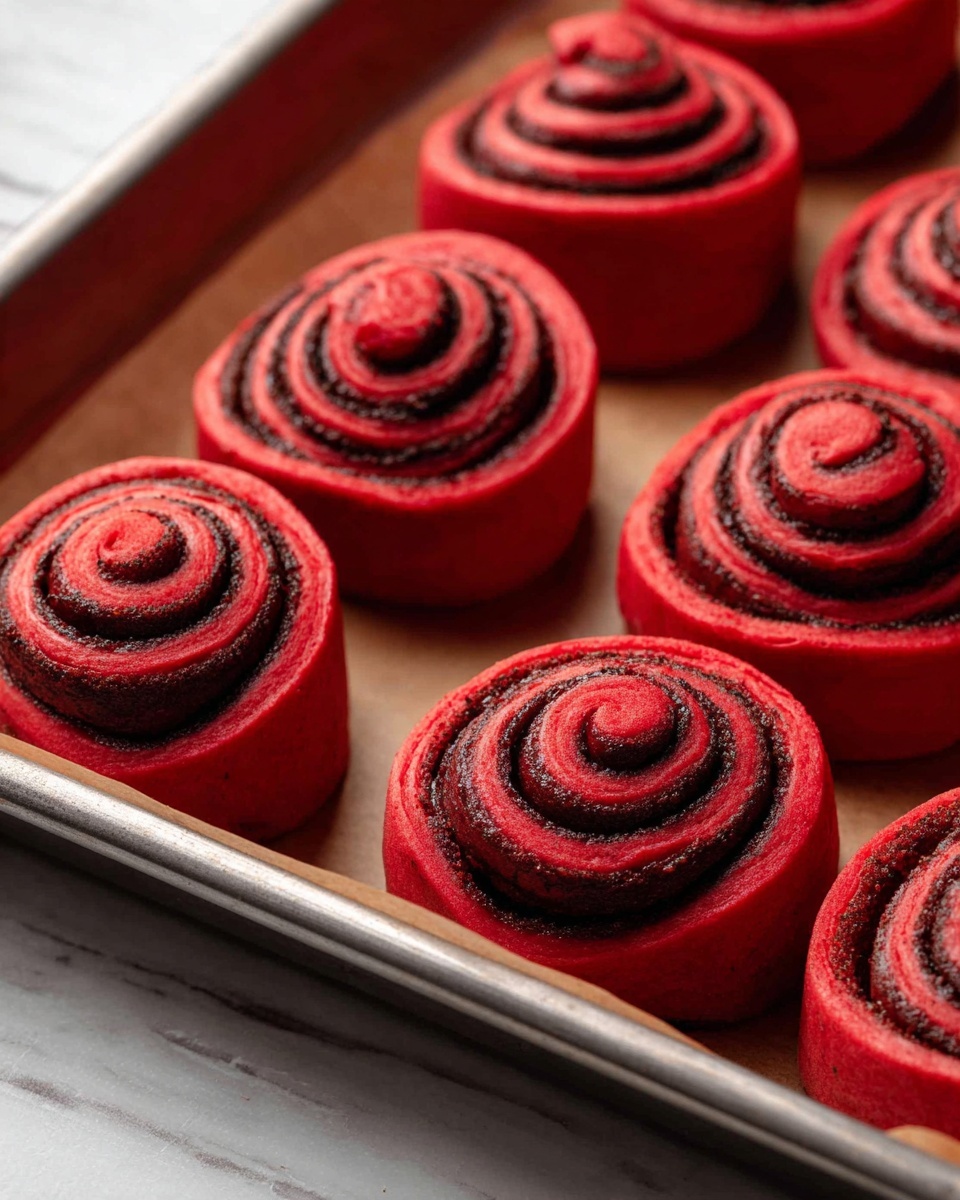 The image shows a tray filled with eight red spiral rolls. Each roll is made of several thin layers of bright red dough with dark brown filling swirled evenly between the layers, creating a clear spiral pattern from the center to the outside. The rolls have a soft, smooth texture and are placed closely together on parchment paper inside a metal tray. The surface under the tray has a white marbled texture. photo taken with an iphone --ar 4:5 --v 7
