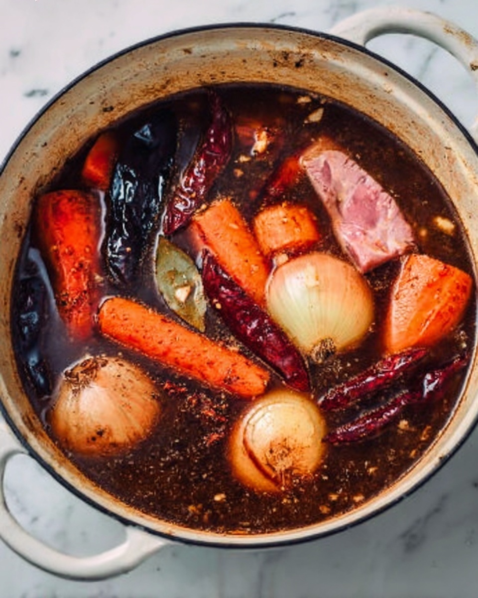 The image shows a white pot filled with dark brown broth. Inside the broth are large pieces of orange carrots, whole onions with their outer layers on, and several dried dark red chili peppers. There are also a few pieces of raw pink meat resting at the surface. The pot is on a white marbled surface, with the ingredients spread out evenly in the broth. Photo taken with an iphone --ar 4:5 --v 7