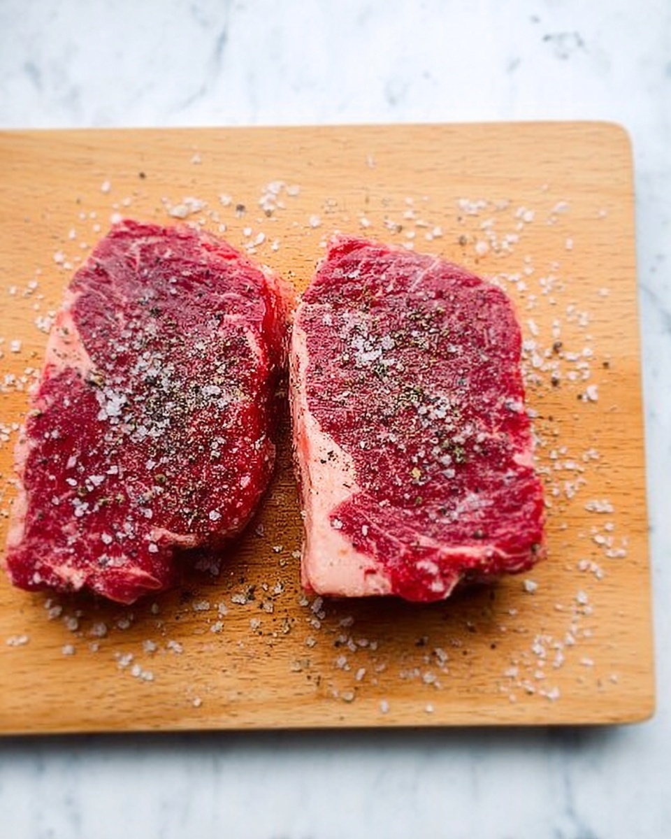 Two raw steak pieces lie on a light wooden board with coarse salt sprinkled around. The steaks have a marbled texture of red meat and white fat, and black pepper is sprinkled on top. The background is a white marbled texture. Photo taken with an iphone --ar 4:5 --v 7
