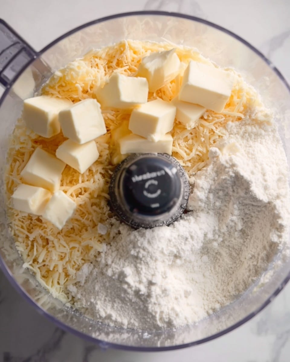 The image shows a clear food processor bowl with layers of dry ingredients and chunks of butter on top. The bottom layer consists of white flour mixed with shredded pale yellow cheese, visible through the clear bowl. Over this, there is a layer of small white flour particles, and on the top, uneven small cubes of pale yellow butter are spread out, ready to be blended. The scene is set against a white marbled surface. Photo taken with an iphone --ar 4:5 --v 7