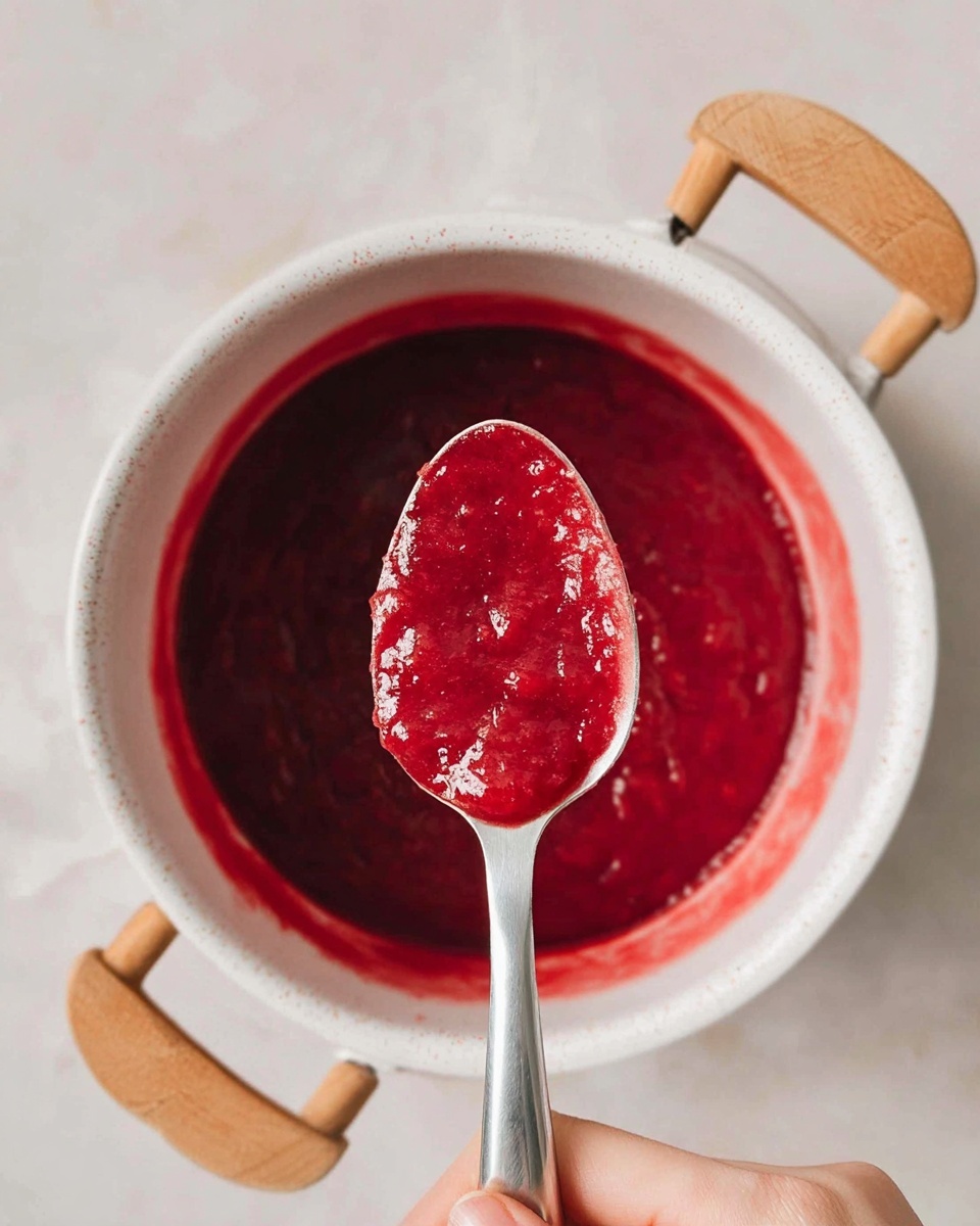 A close-up view showing a woman's hand holding a spoon full of bright red, chunky sauce or puree above a white pot with wooden handles. The pot is filled with the same deep red mixture, which has a slightly thick, uneven texture. The background is a white marbled surface, softly lit to highlight the glossy shine on the sauce and the smooth, light speckled finish of the pot. photo taken with an iphone --ar 4:5 --v 7