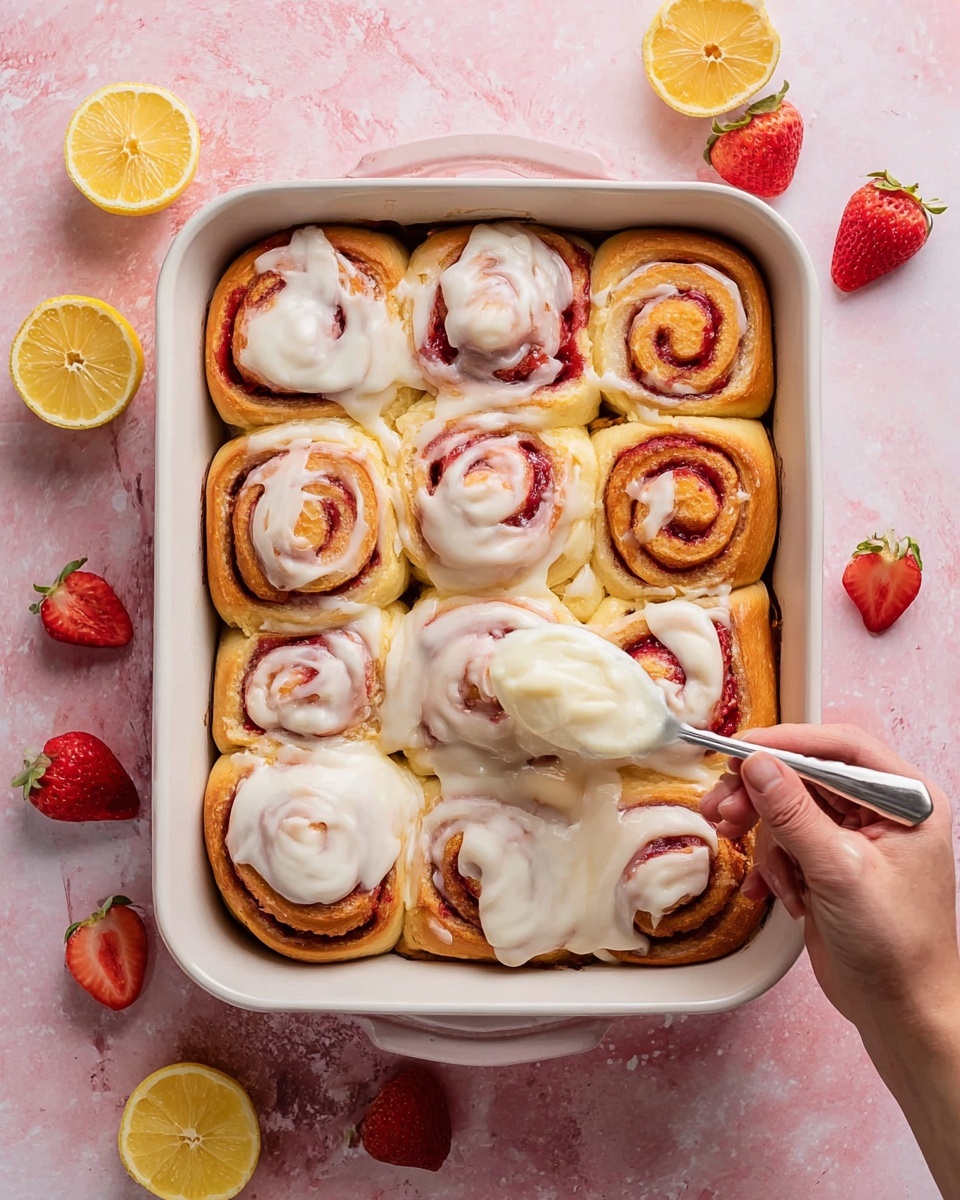 A white baking dish filled with twelve golden brown strawberry swirl rolls arranged in three rows of four; each roll has visible red strawberry filling spiraled throughout the soft dough. Half of the rolls are topped with thick, creamy white icing that appears smooth and slightly melted, covering the swirls and edges. A woman's hand is holding a spoon spreading the creamy icing onto the center rolls. Around the dish, halved strawberries and lemon halves are scattered on a pink surface with a white marbled texture under the dish. photo taken with an iphone --ar 4:5 --v 7