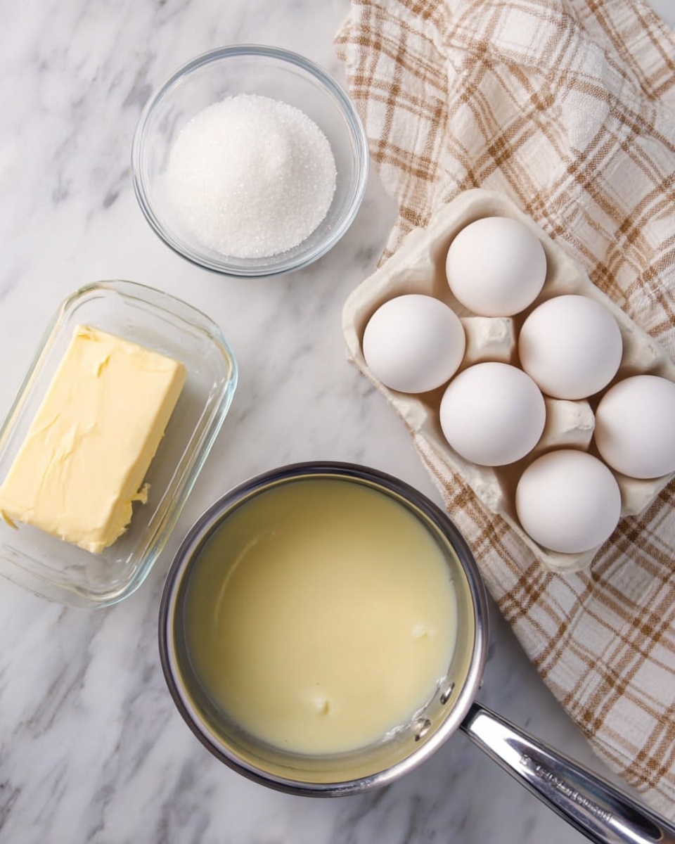 A top view shows a small silver pot filled with a pale yellow liquid, placed on a white marbled surface. To the left of the pot is a clear glass dish holding a yellow stick of butter, and above it is a clear glass bowl of white granulated sugar. To the right of these items, there is a white egg carton holding six white eggs. A folded beige and white checkered cloth rests behind the bowl of sugar. Photo taken with an iphone --ar 4:5 --v 7