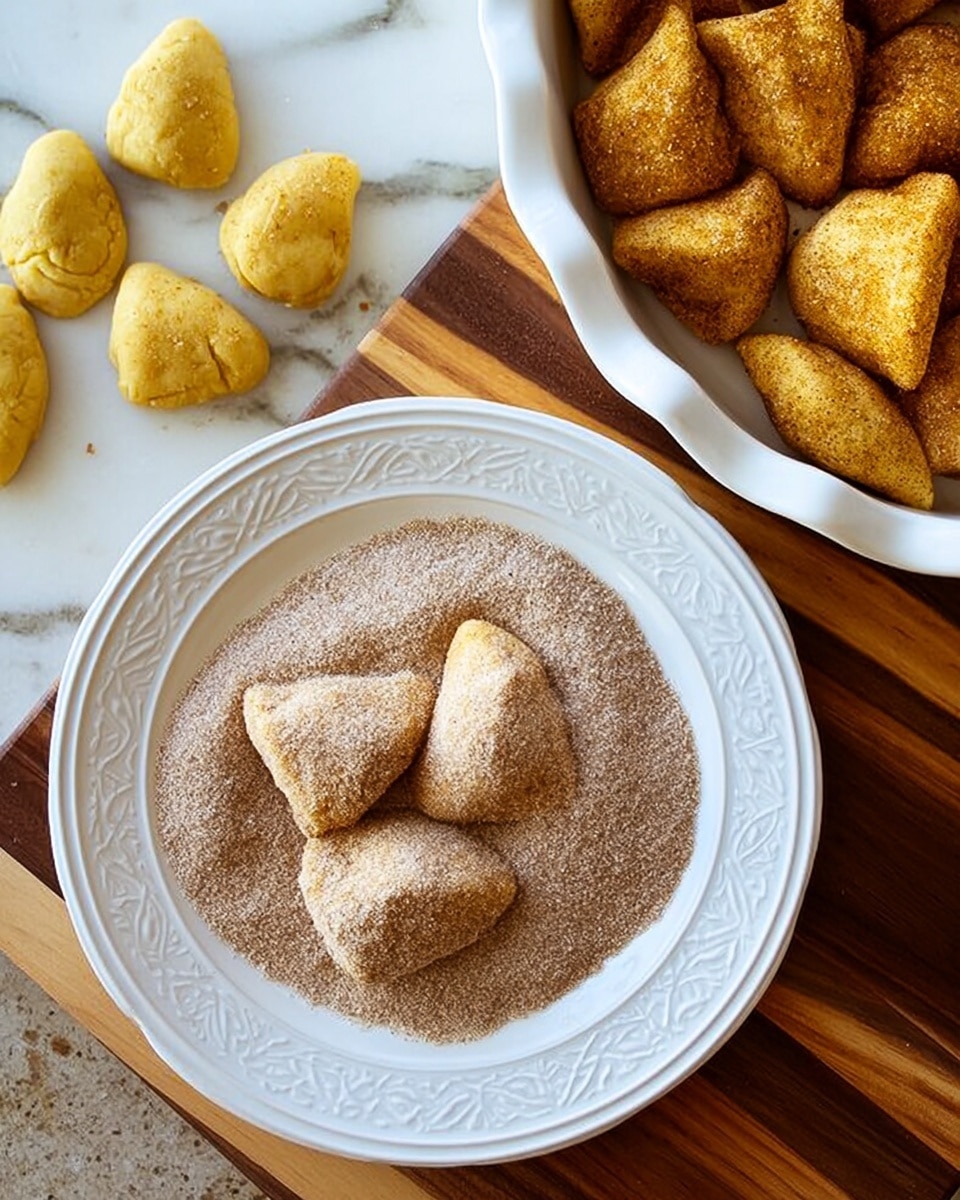 The image shows three triangular dough pieces sitting on a white decorative plate filled with a light brown cinnamon sugar mixture. To the left, there are small, yellow, soft dough shapes resting on a white marbled surface, and to the right, a white pie dish is filled with similar dough pieces, all with a golden-yellow color and a slightly rough texture. The background includes a wooden cutting board under the plate, creating a warm contrast. Photo taken with an iphone --ar 4:5 --v 7