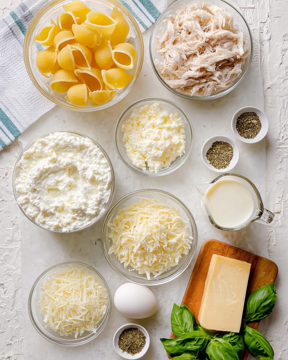 The image shows a top view of several clear glass bowls and a measuring cup arranged on a white marbled texture. One bowl holds uncooked large yellow pasta shells with a smooth texture, placed on the left side. Another bowl contains shredded white meat with a light brown tint on the top right. A measuring cup with creamy white sauce is positioned to the right of the shredded meat. In the center, a larger bowl filled with white ricotta cheese with a creamy, slightly textured surface is visible. Below that, two smaller bowls contain shredded mozzarella cheese, appearing fluffy and white, and grated Parmesan cheese, which has a slightly coarser texture and pale yellow color. To the lower left, two tiny bowls hold dried green spices. A white egg, a wedge of hard yellow cheese on a small wooden board, and fresh green basil leaves are placed neatly on the bottom right side. In the top left corner, a white and blue striped cloth partially covers the surface. photo taken with an iphone --ar 4:5 --v 7