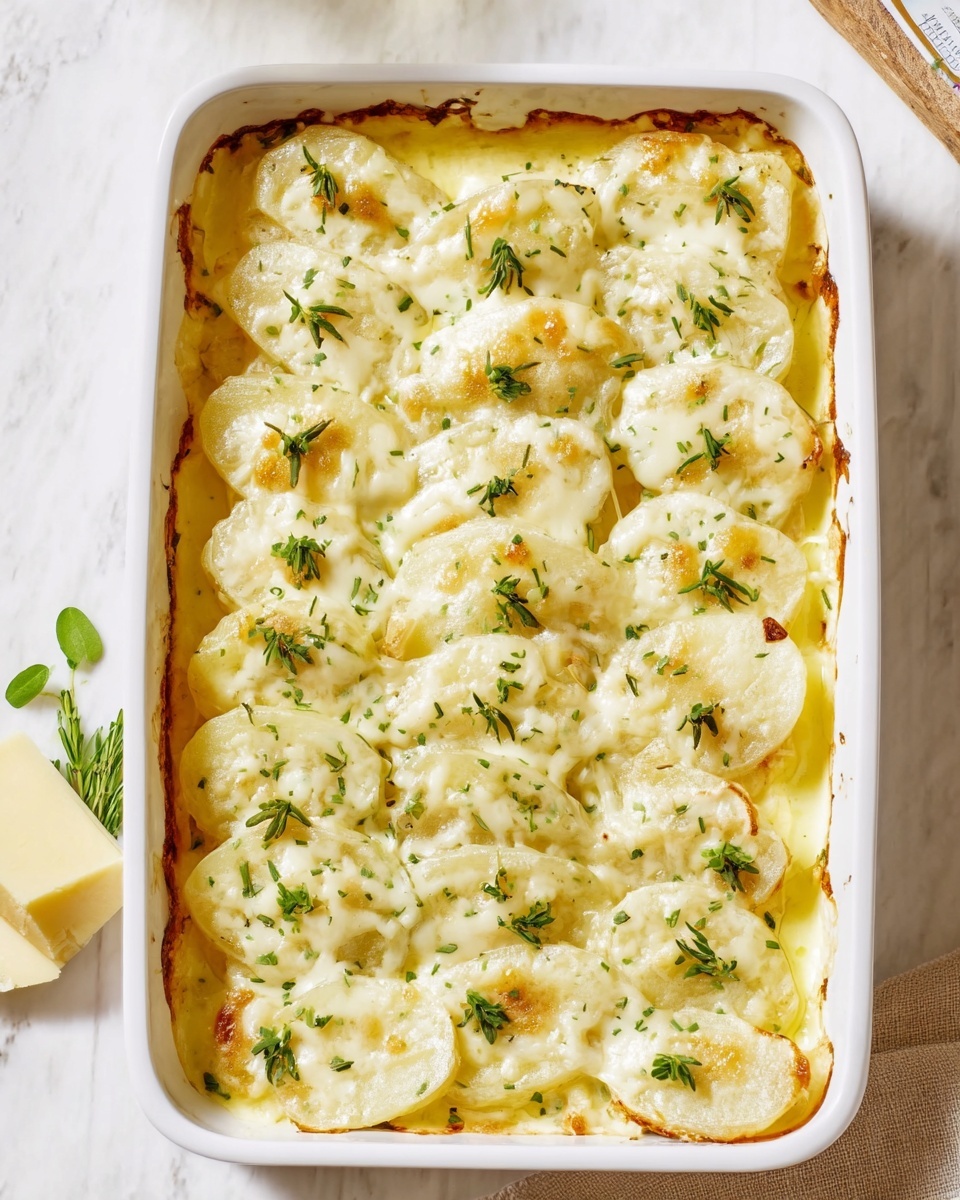 A white rectangular dish filled with a two-layer baked dish, the bottom layer is a smooth pale yellow sauce or base that covers the entire dish. On top, evenly arranged slices of white potato are layered in neat rows, each slice covered with melted white cheese that has a soft, slightly bubbly texture. Small thin green herb pieces are sprinkled evenly over the cheese, adding color contrast and freshness. The dish is placed on a white marbled surface with a small corner of cheese and green herbs visible nearby, with soft natural lighting enhancing the creamy textures. photo taken with an iphone --ar 4:5 --v 7