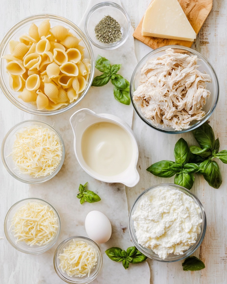 A top view of several clear glass bowls and a white measuring cup arranged on a white marbled texture surface. One large bowl contains pale yellow uncooked shell pasta, another large bowl holds shredded cooked chicken that is light brown and white in color, and a third large bowl has smooth white ricotta cheese with a slightly textured surface. A white measuring cup is filled with a creamy off-white sauce. Smaller glass bowls contain shredded pale yellow cheese, fluffy white shredded cheese, and two small glass bowls with dried green herbs. A fresh green basil sprig lies near a wedge of pale yellow hard cheese on a small wooden board next to a single white egg. More small green basil leaves are scattered around the arrangement. Photo taken with an iphone --ar 4:5 --v 7