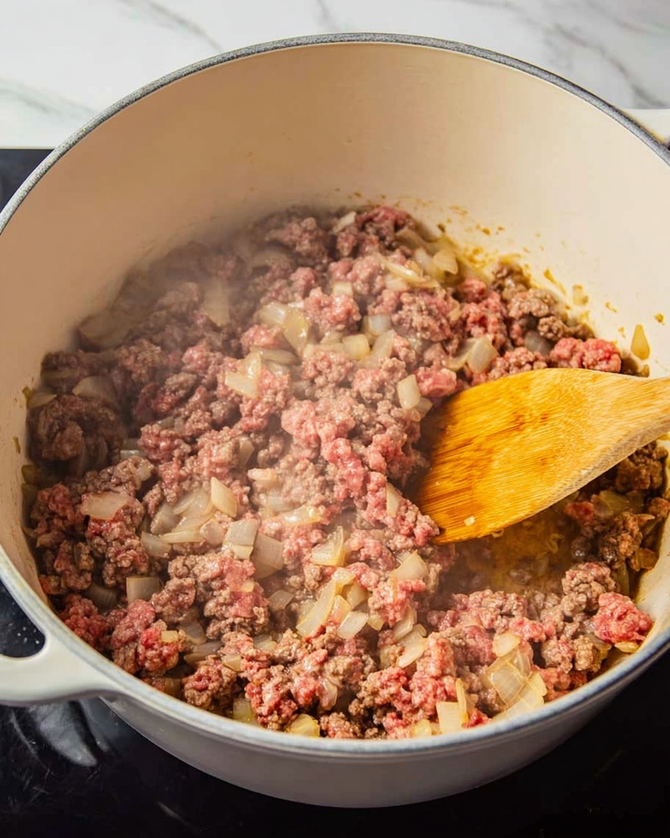 A white pot filled with partially cooked ground meat mixed with diced onions. The meat has a mix of pink and brown colors indicating it is being cooked, with some steam rising from it. A wooden spoon is stirring the mixture inside the pot, showing the cooking process. The pot rests on a black stovetop, and the surrounding surface has a white marbled texture. Photo taken with an iphone --ar 4:5 --v 7
